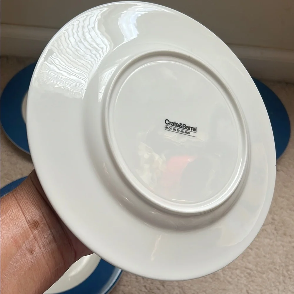 Set of 4 NWOT Crate & Barrel Blue Rim Salad Plates – 8.5” Modern Stoneware